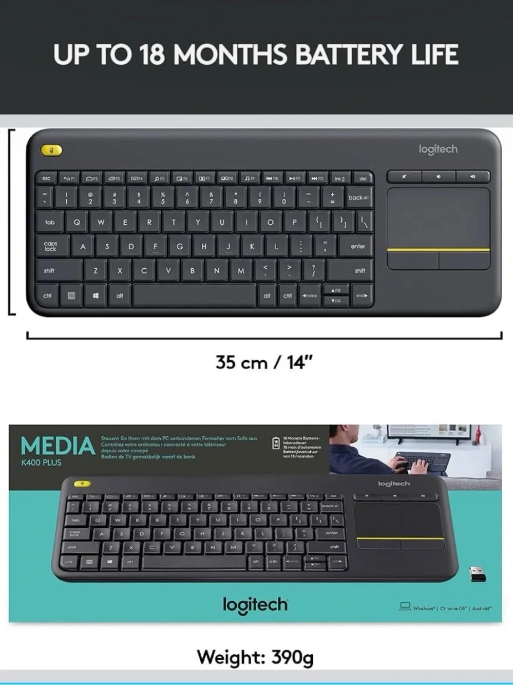 Logitech K400 Plus Wireless Touch TV Keyboard PC-Connected TV, Android, Laptop